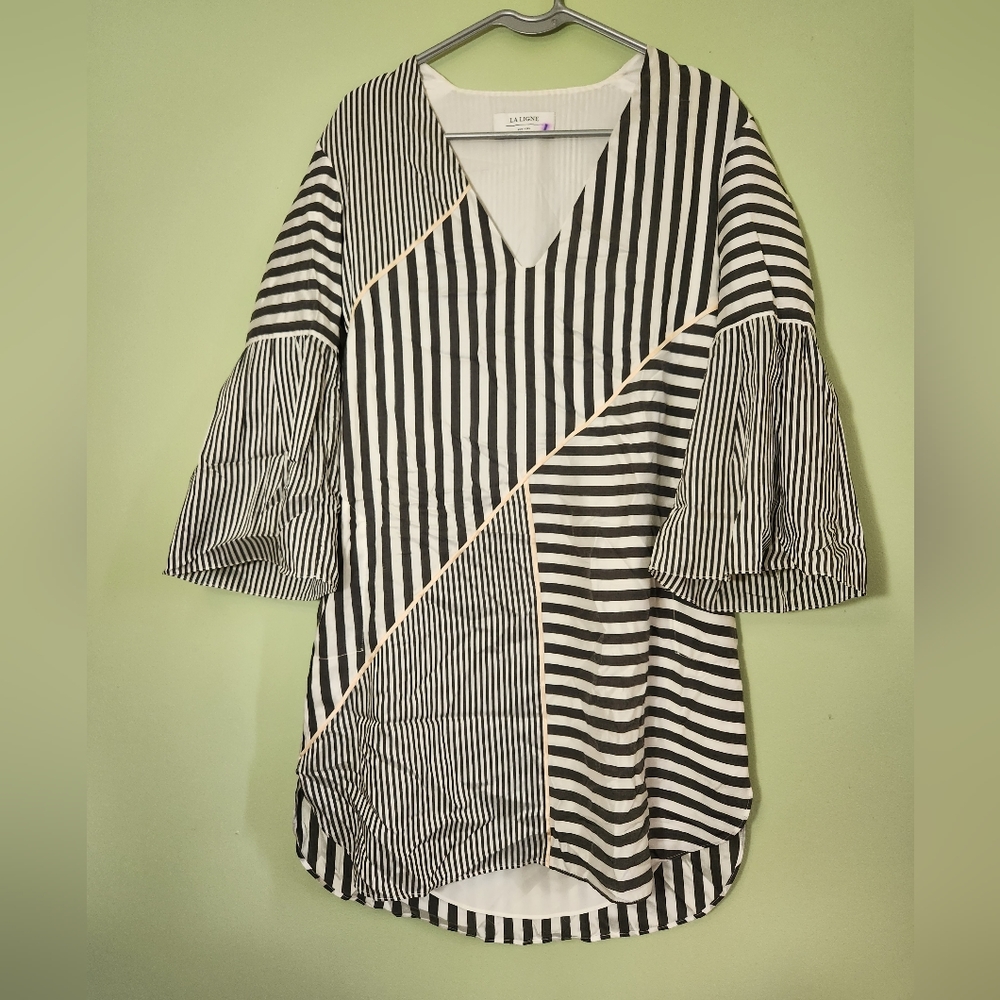 La Ligne Shirttail Dress Small White & Grey Striped w Pale Pink Trim